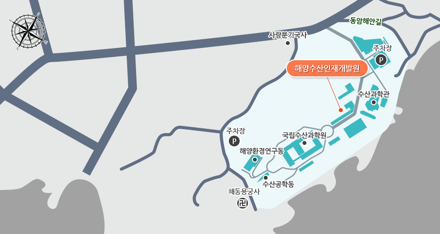 해양수산인재개발원 청사위치도 - 해양수산인재개발원 정문 주차장을 지나서 수산과학관 맞은편 우측 첫번째로 보이는 건물
