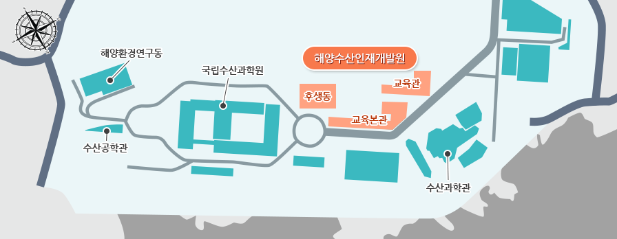 해양수산인재개발원내부 이미지 - 교육관, 교육본관, 후생동 3개의 건물로 이루어져있습니다.
